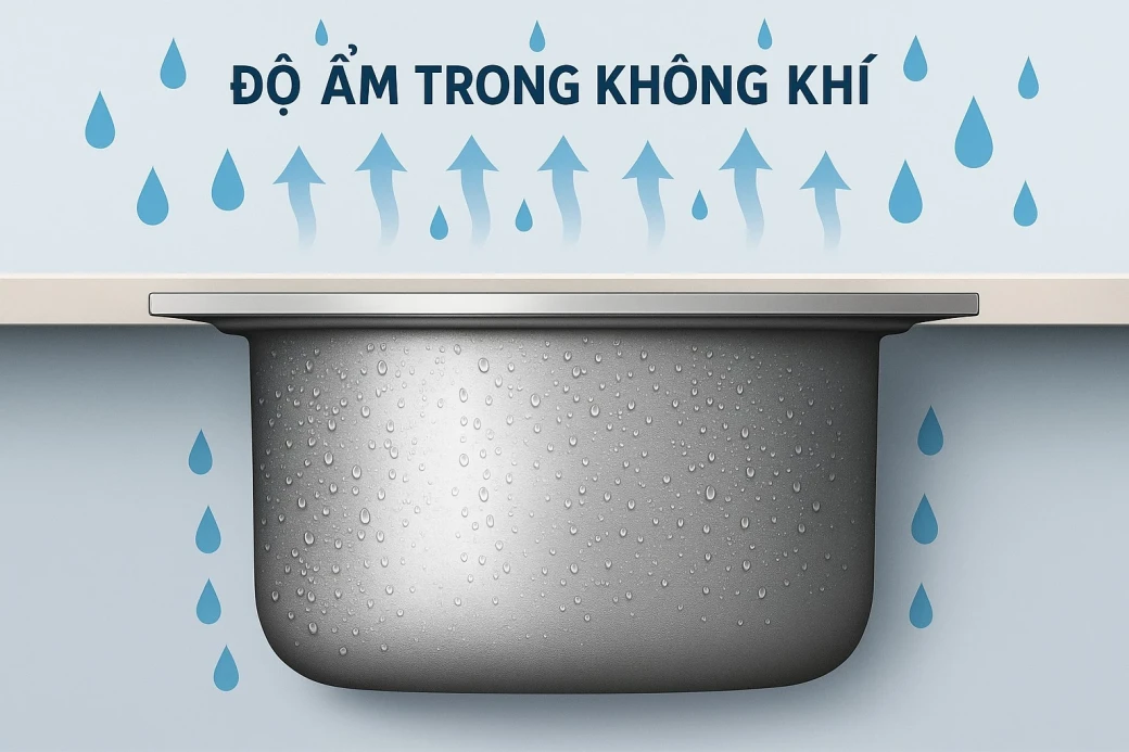 Độ ẩm trong không khí khiến chậu rửa bát bị đổ mồ hôi