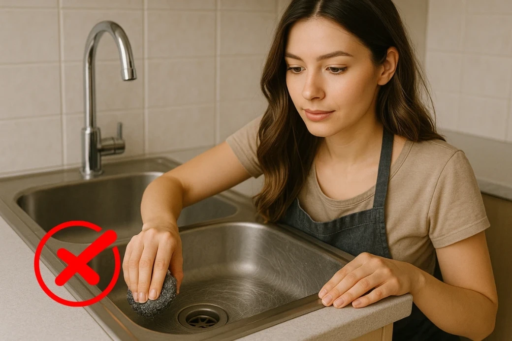 Sử dụng bùi nhùi thép để cọ rửa thói quen khiến chậu rửa bát xỉn màu