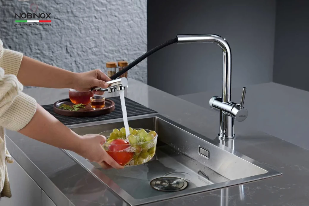 vòi rửa bát dây rút 3 đường nước NOBINOX MIRA NX333